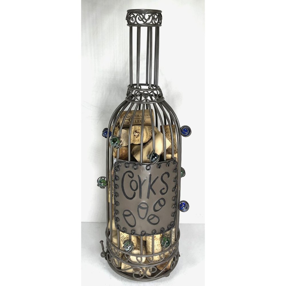 Cork Holder with Corks Decorative Caged Taupe Wine Bottle Shaped